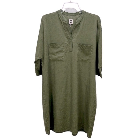 Anne Klein Army Green Linen Blend Oversized Shirt Dress Size 4 Chest Pockets - Picture 1 of 10
